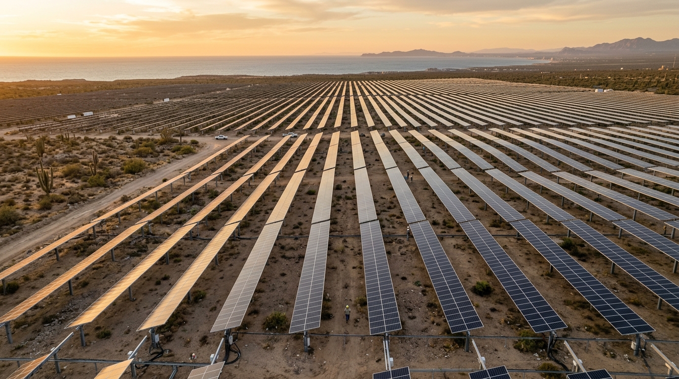 Filas de paneles solares en el desierto de Sonora, planta solar Puerto Peñasco